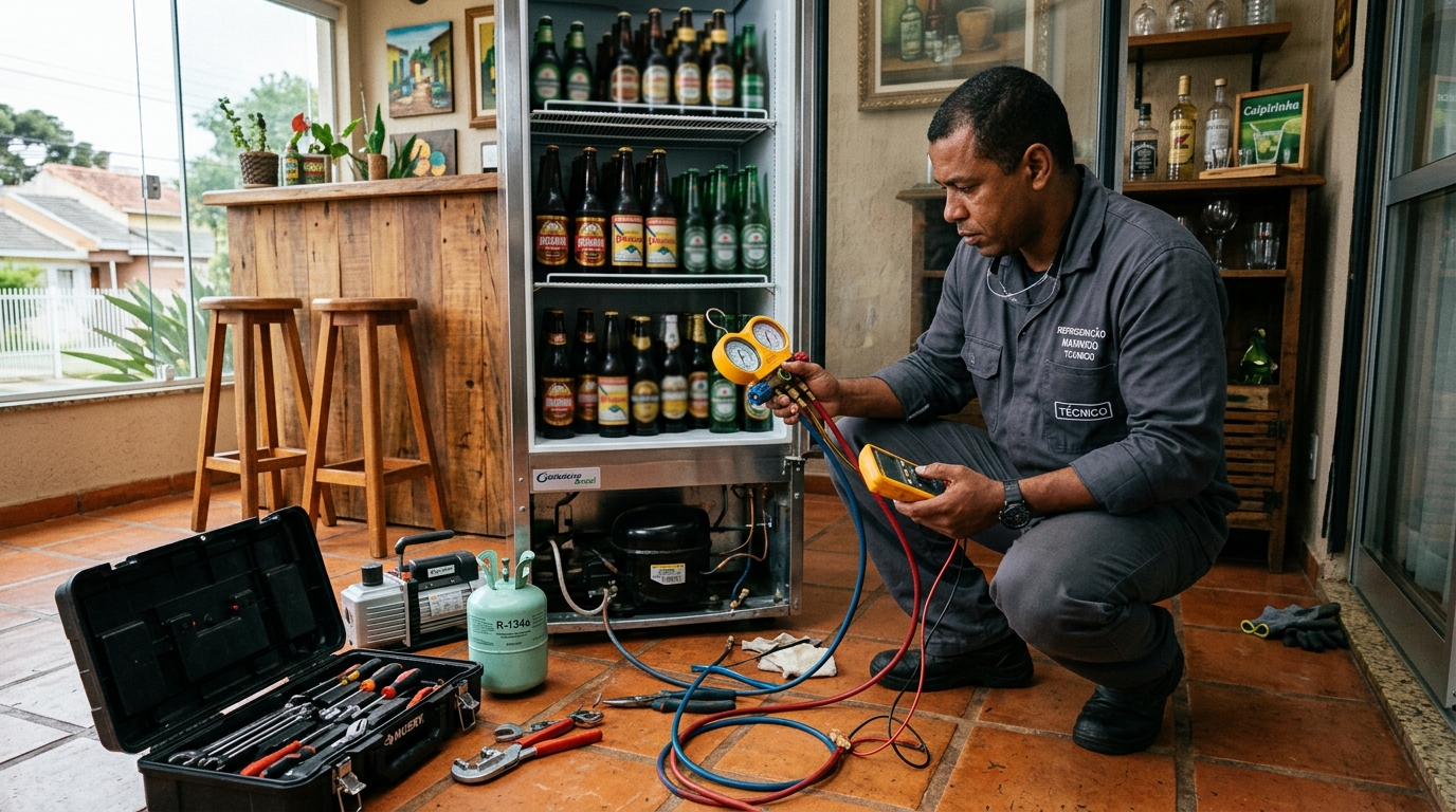 Profissional executando reparo no motor de cervejeira na Zona Sul de São Paulo‑SP