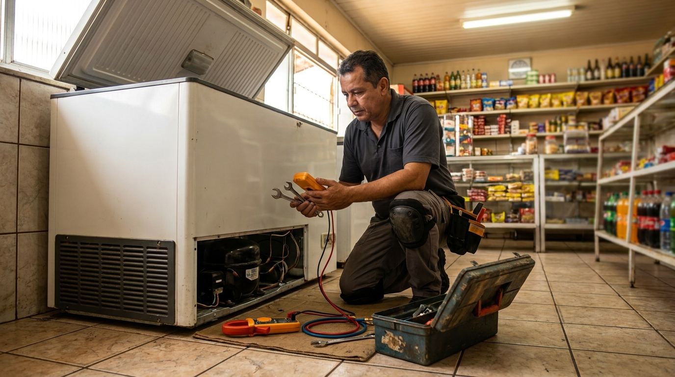 Profissional executando manutenção no motor de freezer na Zona Sul de São Paulo‑SP