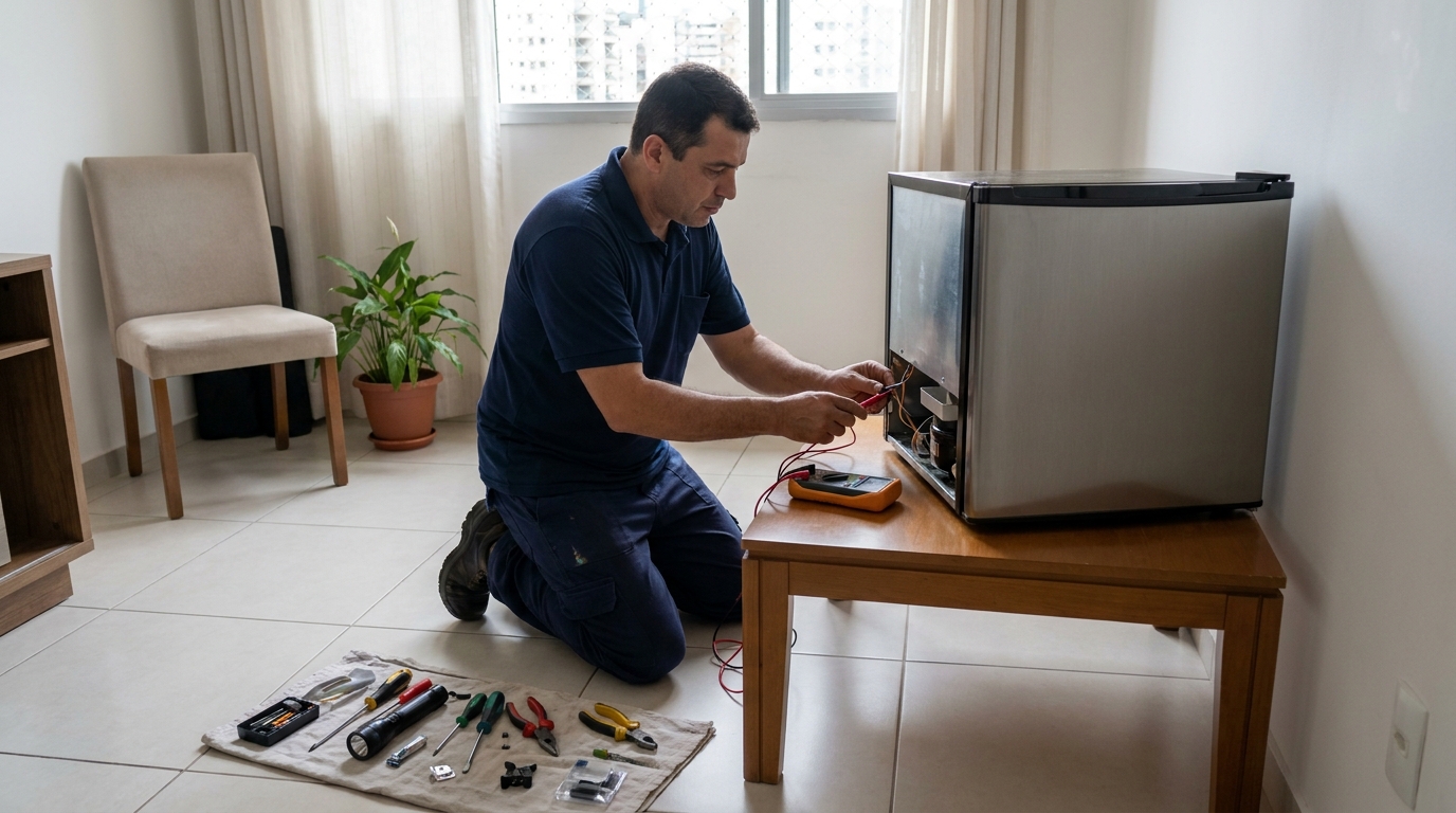 Técnico fazendo manutenção do motor de frigobar na Zona Sul de São Paulo‑SP