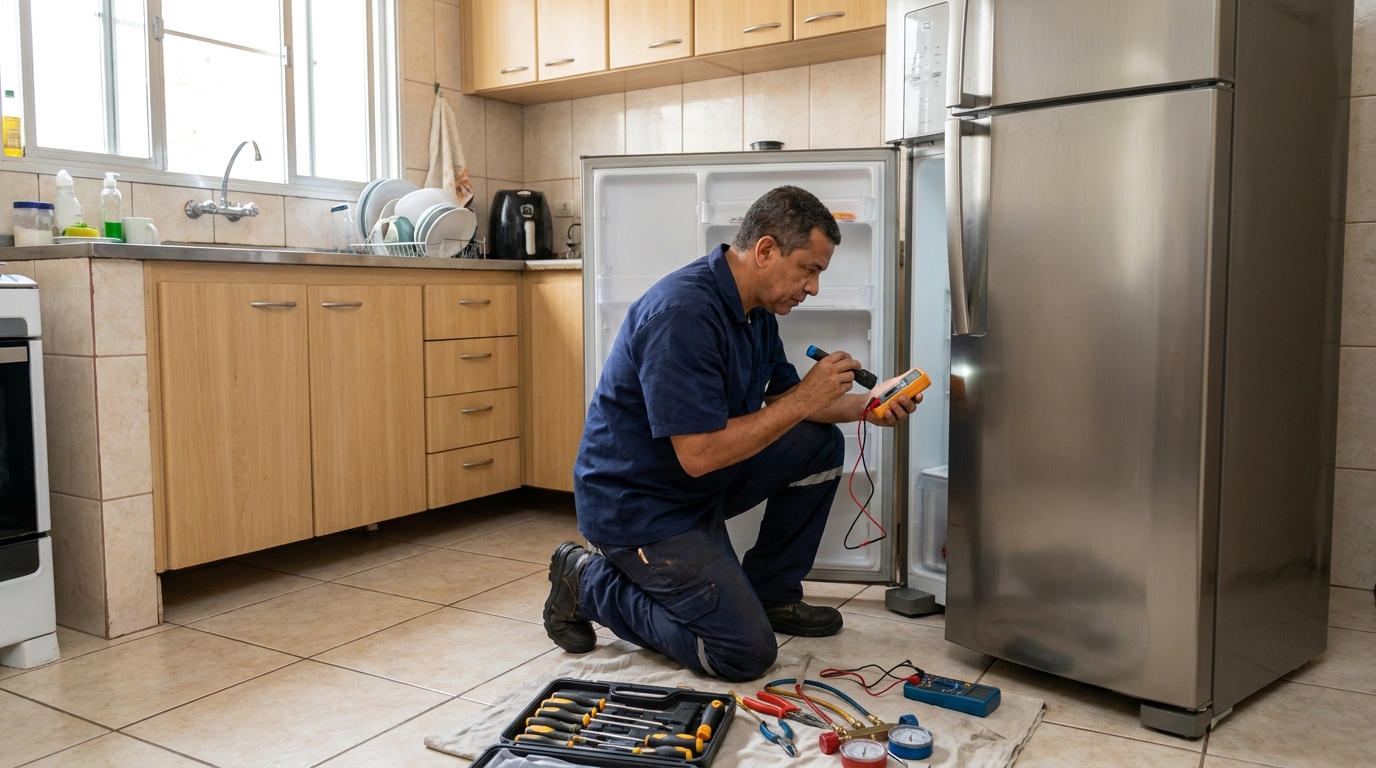 Técnico aplicando recarga de gás refrigerante em geladeira na Zona Sul de São Paulo‑SP