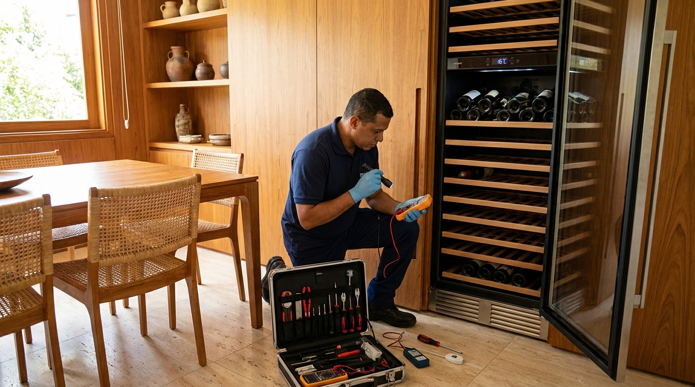 Substituição de termostato em adega climatizada em visita técnica na Zona Sul de São Paulo‑SP